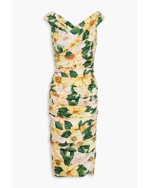 Dolce & Gabbana Metallic Ruched Floral-Print Stretch-Silk Midi Dress