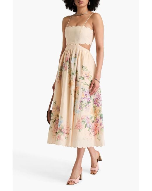 Zimmermann Natural Cutout Floral-Print Linen Midi Dress
