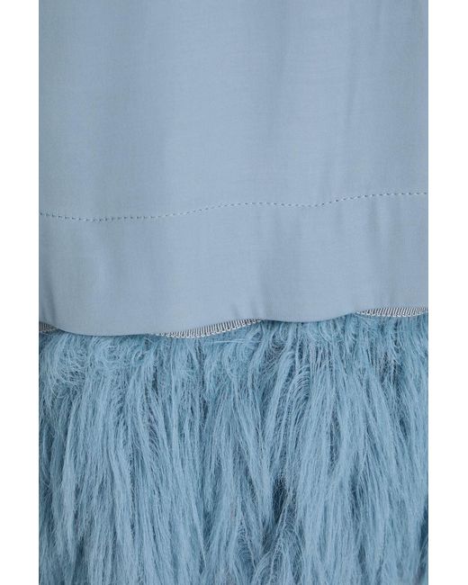 By Malene Birger Blue Feather-Trimmed Satin-Crepe Top