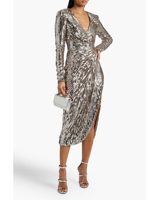 Badgley Mischka Gray Wrap-effect Sequined Tulle Midi Dress