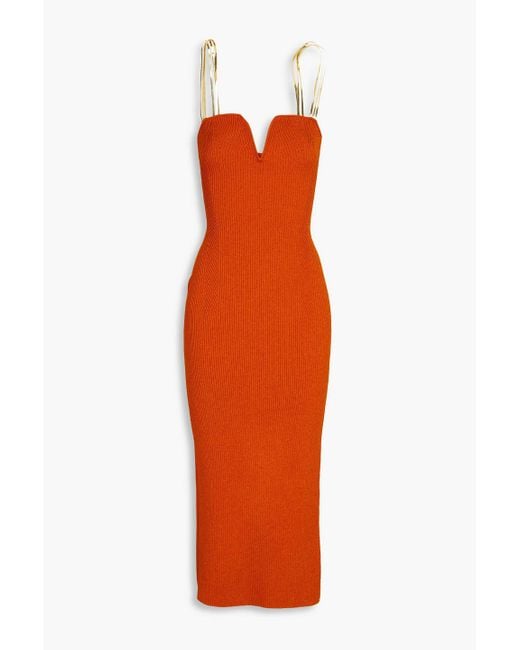 Galvan Orange Chain-embellished Ribbed-knit Midi Dress