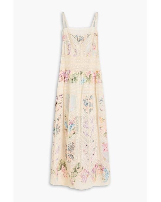 Zimmermann Natural Floral-print Lace-paneled Cotton-voile Midi Dress