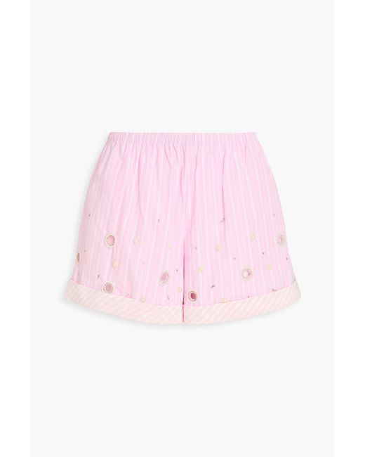 Sandro Pink Embellished Cutout Striped Cotton-Poplin Shorts