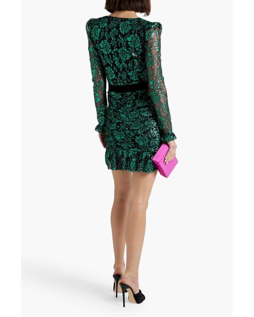 Rebecca Vallance Green Pixie Ruched Metallic Corded Lace Mini Dress