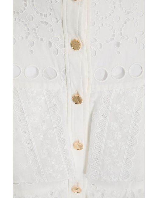 Sandro White Lace-Trimmed Tiered Broderie Anglaise Cotton-Blend Midi Skirt