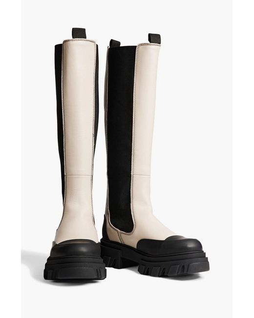 Ganni Black Rubber-trimmed Leather Knee Boots