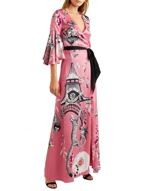 Temperley London Red Euphoria Printed Satin-crepe Maxi Wrap Dress