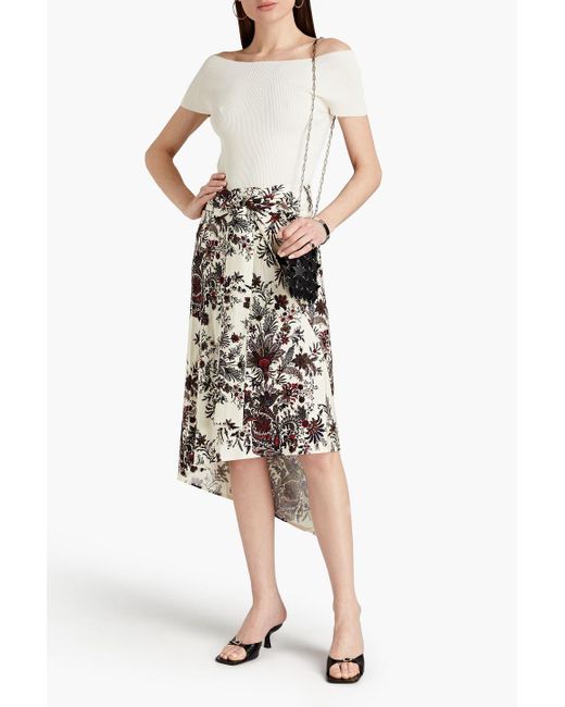 Rabanne White Asymmetric Wrap-effect Floral-print Satin-jersey Midi Skirt