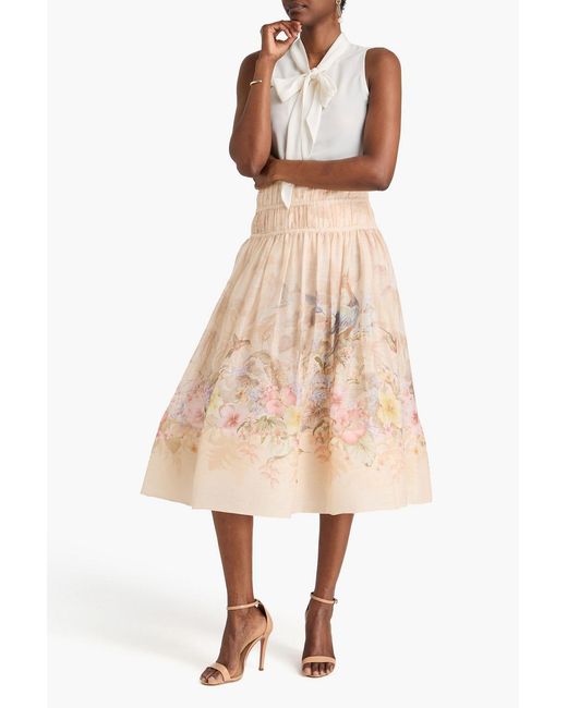 Zimmermann Orange Floral-Print Linen And Silk-Blend Organza Midi Skirt