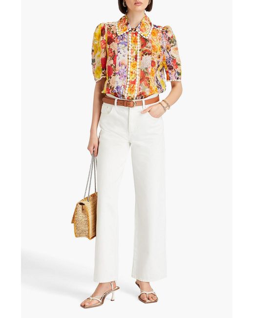 Zimmermann Orange Raffia-trimmed Floral-print Ramie Shirt