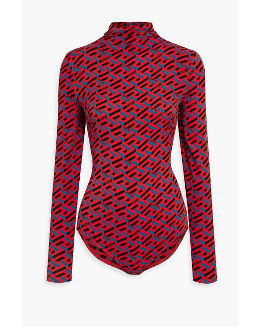 Versace Red Printed Stretch-silk Jersey Turtleneck Bodysuit