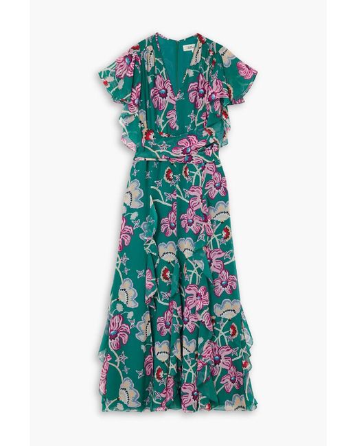 Diane von Furstenberg Green Bleuet Belted Ruffled Floral-print Chiffon Midi Dress