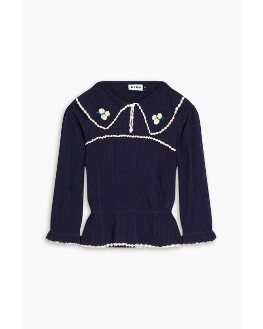 Rixo Blue Embroidered Pointell-knit Sweater
