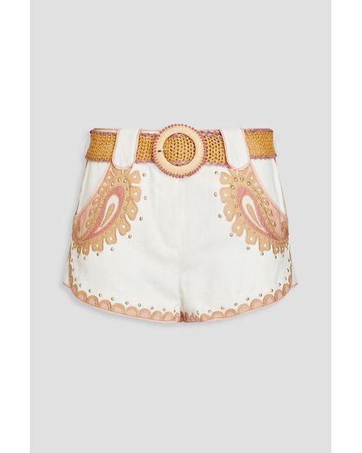 Zimmermann White Shorts aus leinen mit paisley-print, nieten und gürtel