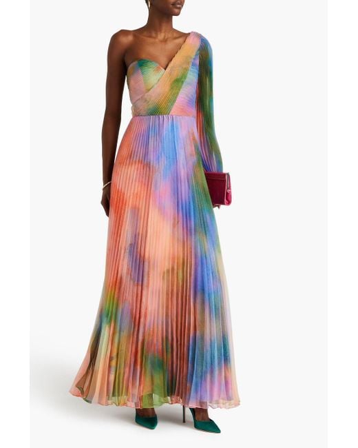 THEIA Blue Elle One-sleeve Pleated Tie-dyed Chiffon Gown