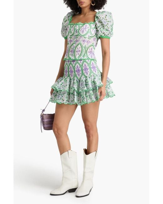Charo Ruiz Green Noa Tiered Broderie Anglaise Cotton-blend Mini Skirt