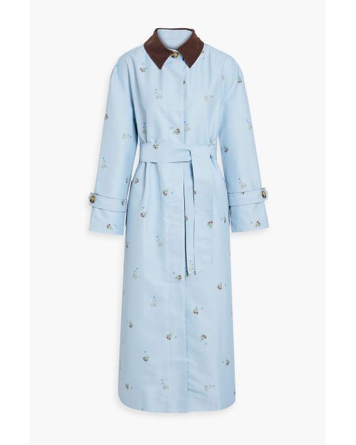 Sleeper Blue Corduroy-trimmed Floral-print Trench Coat