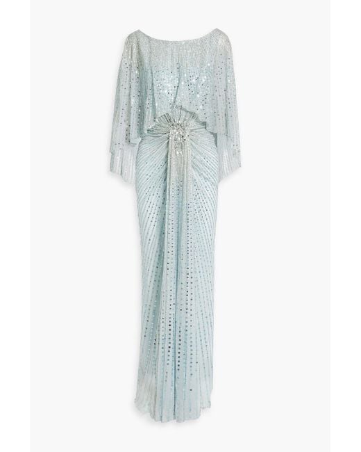 Jenny Packham Blue Cape-effect Embellished Mesh Gown