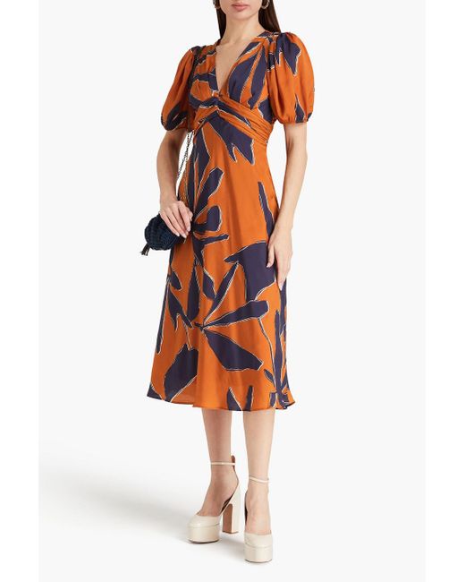 Ba&sh Orange Ruched Printed Satin Midi Dress