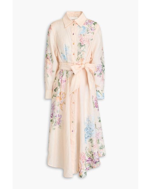 Zimmermann Natural Hemdkleid aus leinen in midilänge mit floralem print und falten