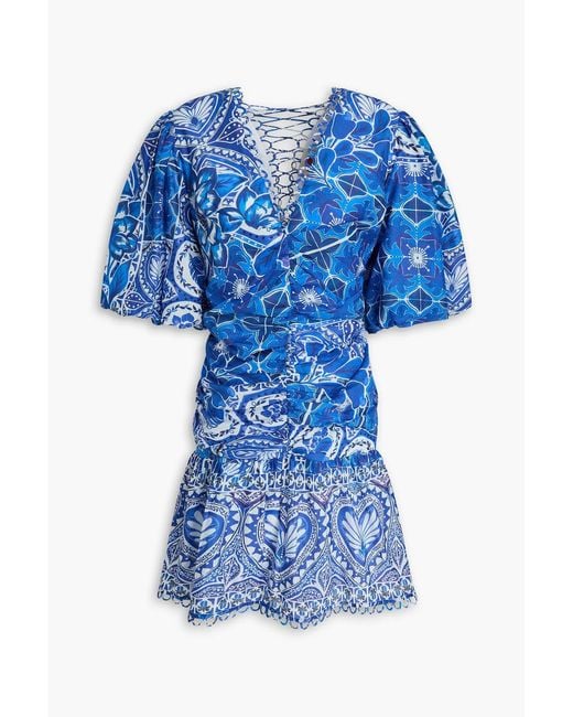 Farm Rio Blue Lace-up Printed Cotton-voile Mini Dress
