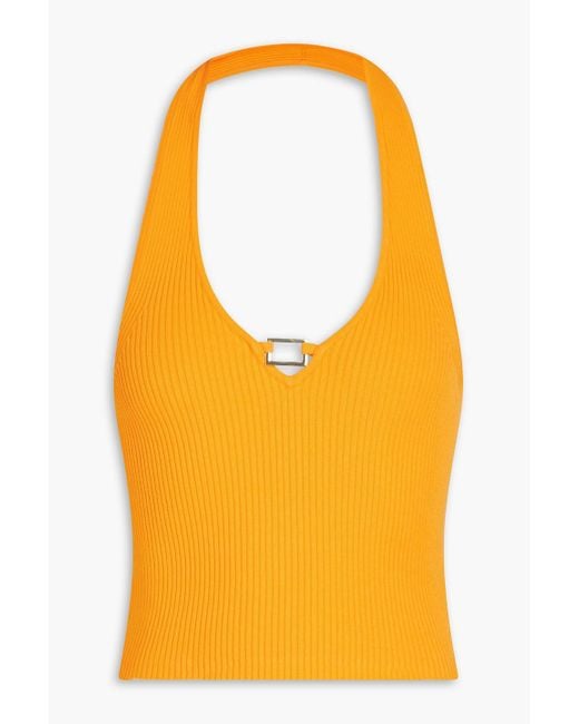Sandro Orange Appliquéd Cropped Ribbed-knit Halterneck Top