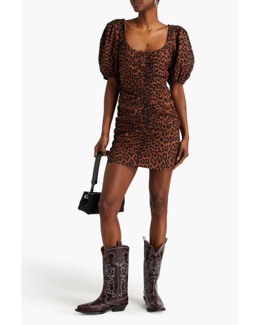Ganni Brown Ruched Leopard-print Cotton-poplin Mini Dress