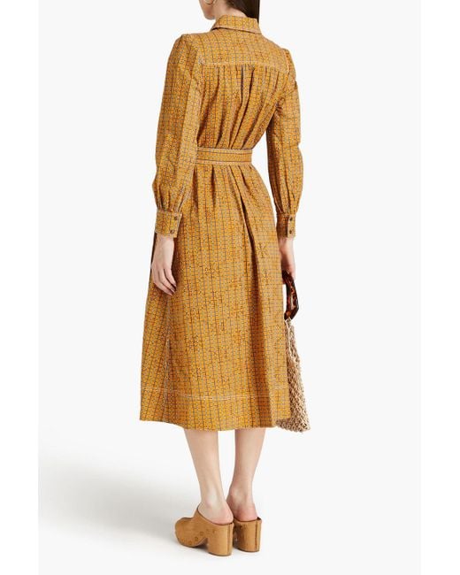 Tory Burch Yellow Kariertes hemdkleid aus baumwolle mit lochstickerei in midilänge