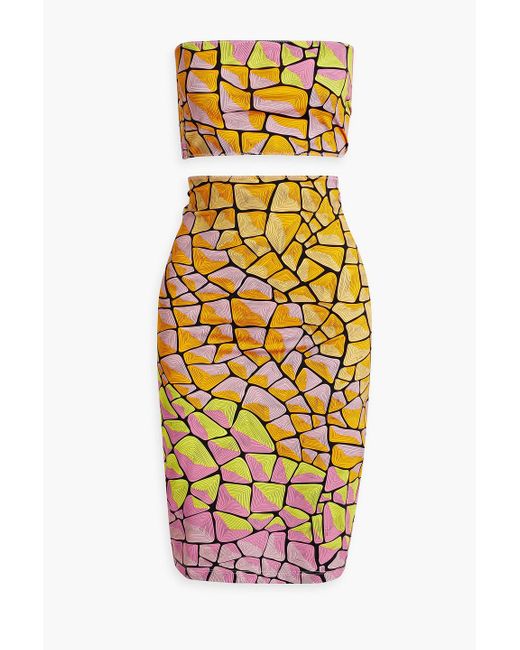 Emilio Pucci Yellow Cropped Strapless Printed Stretch-jersey Top And Midi Skirt