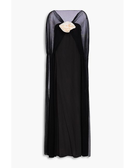BERNADETTE Black Floral-Appliquéd Silk Crepe De Chine And Point D'Esprit Gown