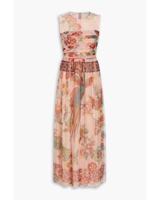 RED Valentino Pink Ruched Floral-print Point D'espirit Tulle Midi Dress