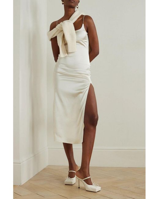 Jacquemus White Notte Embellished Satin-Twill Midi Dress