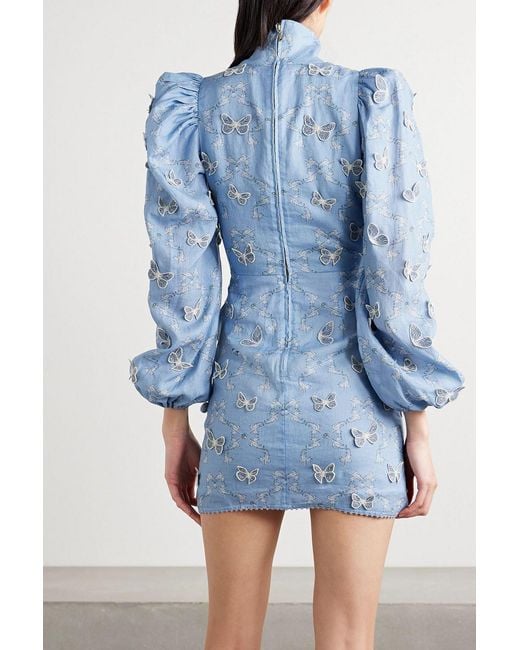 Agua Bendita Blue Guaba Lymanopoda Appliquéd Printed Linen Turtleneck Mini Dress