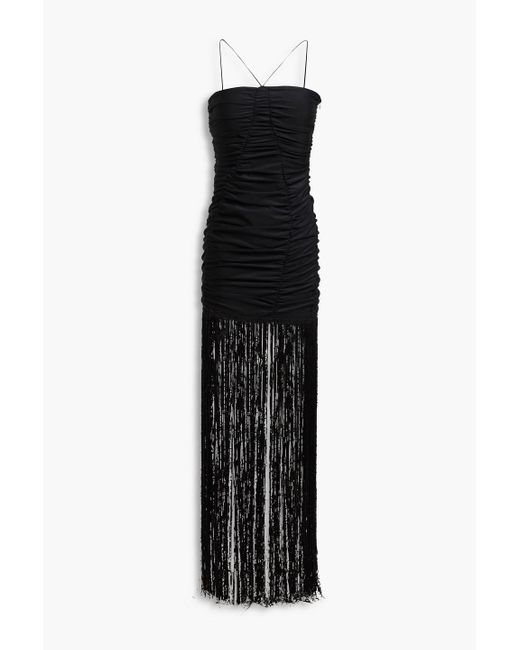 ROTATE BIRGER CHRISTENSEN Black Fringed Sequined Jersey Maxi Dress