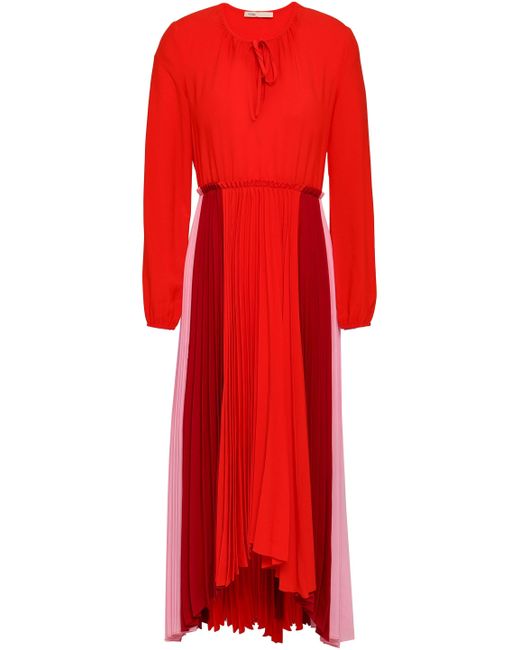 Maje Reona Pleated Color-block Crepe De Chine Midi Dress Red
