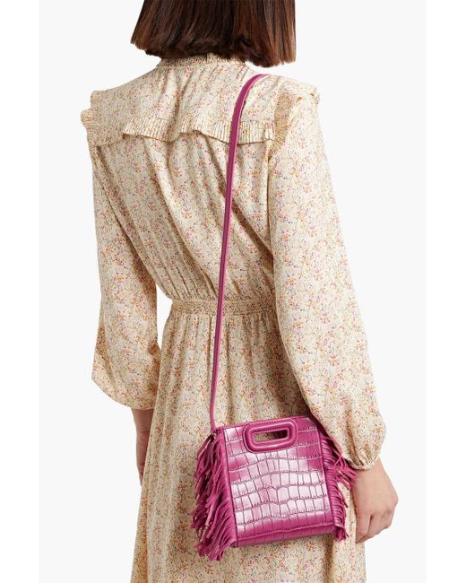 Maje Pink Fringed Croc-Effect Leather Shoulder Bag