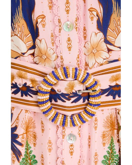 Farm Rio Pink Belted Floral-print Cotton-blend Mini Dress
