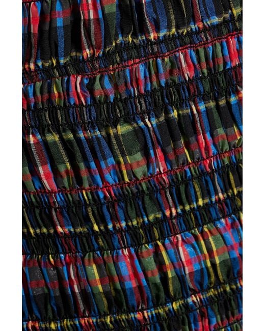 Ganni Multicolor Shirred Checked Cotton-blend Seersucker Midi Dress