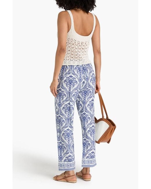 Farm Rio Blue Pleated Printed Linen-blend Straight-leg Pants