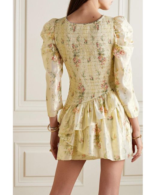 LoveShackFancy Natural Greenwich Embellished Shirred Floral-print Lamé Mini Dress