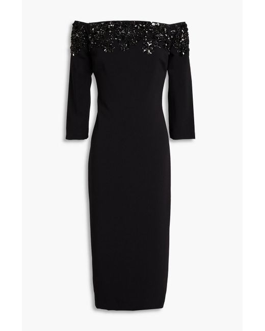 Badgley Mischka Black Off-the-shoulder Embellished Crepe Midi Dress