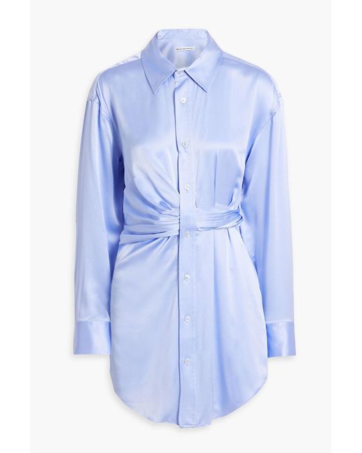 T By Alexander Wang Blue Twist-front Silk-satin Mini Shirt Dress