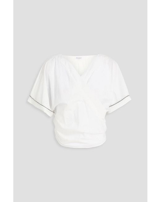 Brunello Cucinelli White Cropped Bead-Embellished Cotton-Blend Wrap Blouse