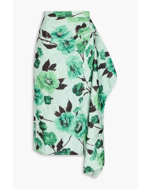 Erdem Green Draped Floral-print Crinkled-taffeta Midi Skirt
