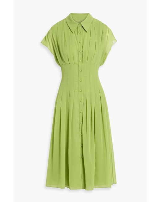Mikael Aghal Green Pleated Chiffon Midi Shirt Dress