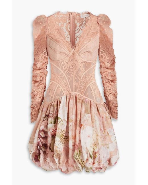 Zimmermann Pink Dancer Lace-paneled Floral-print Silk And Linen-blend Mini Dress
