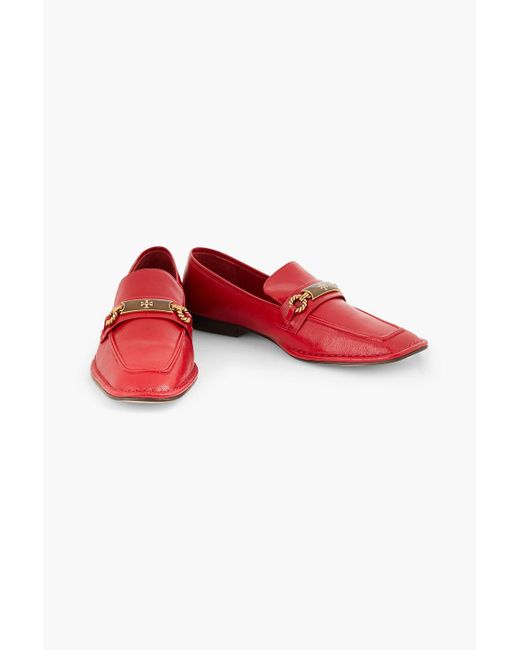 Tory Burch Red Perrine Embellished Leather Loafers
