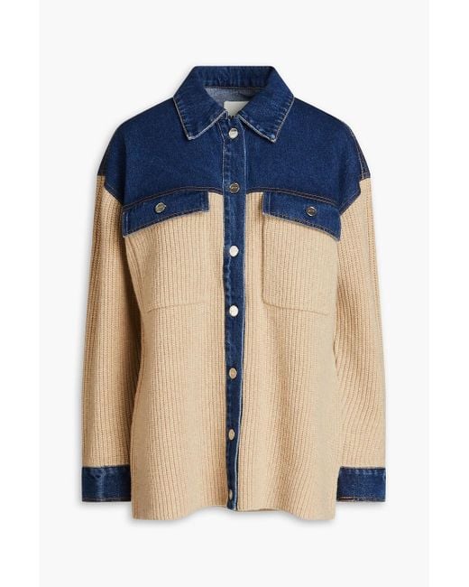 Sandro Blue Denim-paneled Ribbed Wool-blend Shirt Jacket
