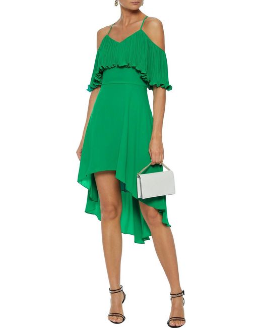 Halston Heritage Green Cold-Shoulder Plissé-Paneled Crepe De Chine Dress
