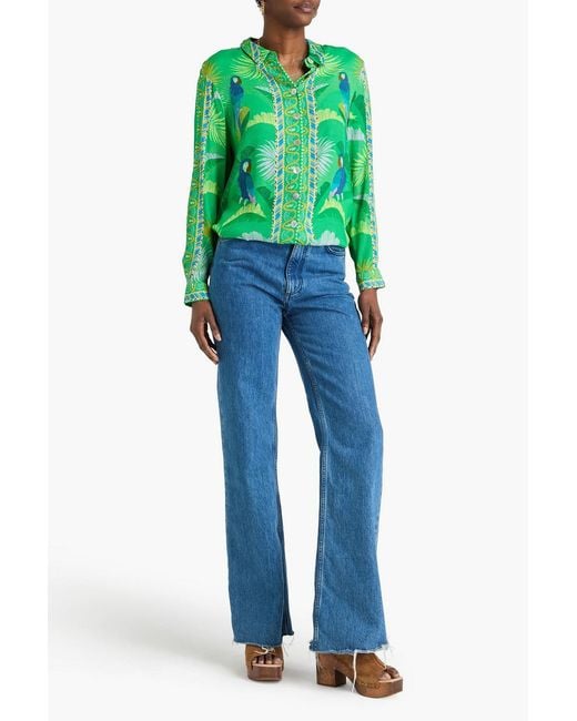 Farm Rio Green Printed Satin-Twill Shirt